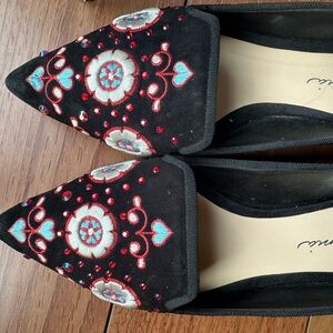 Isa Tapia Espanola Black, Aqua and Red Geometric Flats with Folk Art Design